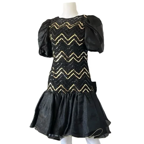 Vintage Dresses | Vintage 80s Abrina Black And Gold Sequin Dress Drop Waist Puff Sleeve | Color: Black/Gold | Size: 14g | 32thirty's Closet